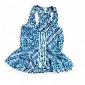 Eyelash Couture Blue Paisley Sleeveless Peplum Top Juniors Medium